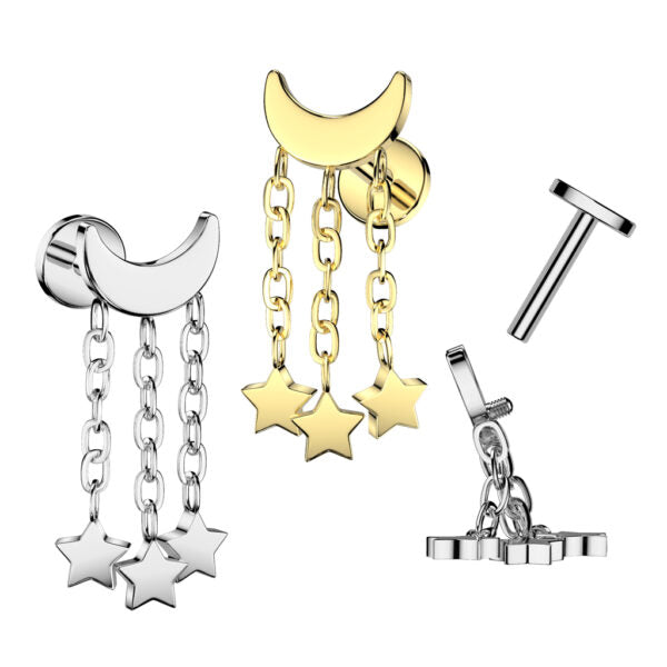Implant Grade Titanium Internally Threaded Labret Crescent Moon With 3 Star Dangle Top