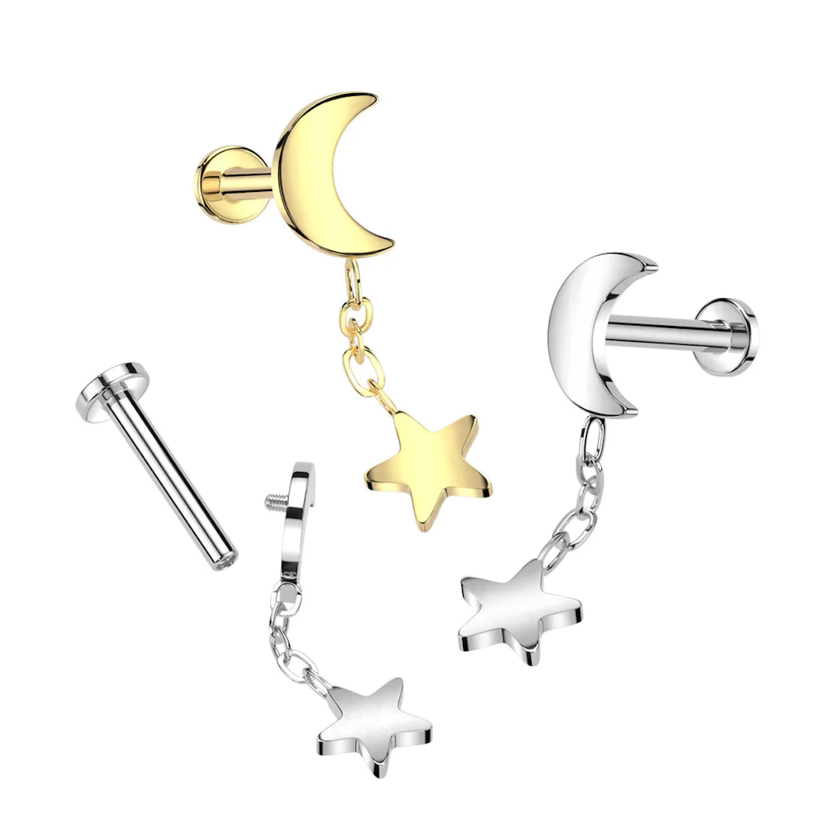 Implant Grade Titanium Internally Threaded Labret Crescent Moon With Star Dangle Top