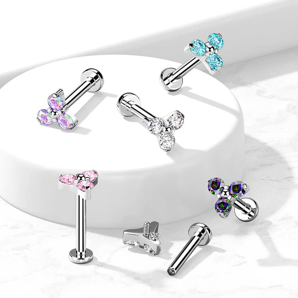 Implant Grade Titanium Internally Threaded Labret Stud With CZ Trinity Top