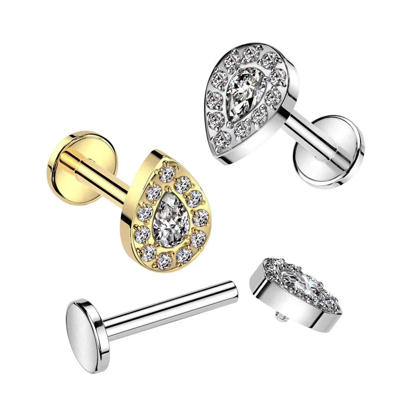 Implant Grade Titanium Internally Threaded Labret Teardrop CZ Center With CNC CZ Rim Top