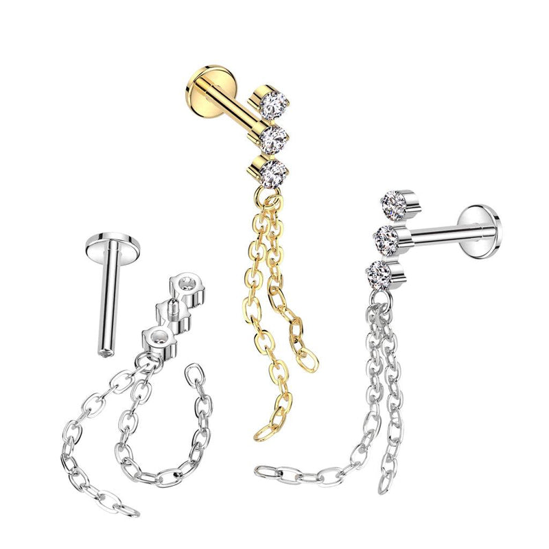 Implant Grade Titanium Internally Threaded Labret With 3 CZ and Double Chain Dangle Top