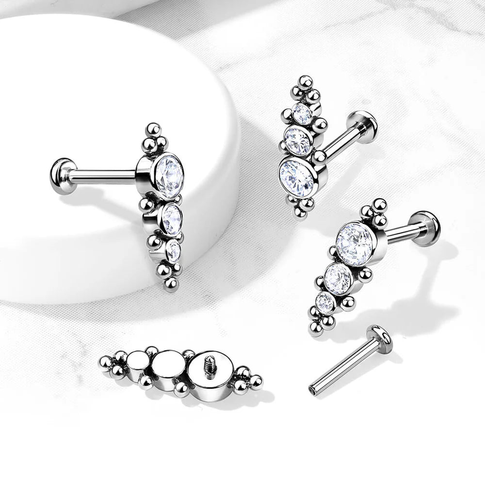 Implant Grade Titanium Internally Threaded Labret With 3 Descending CZs and Ball Clusters Top