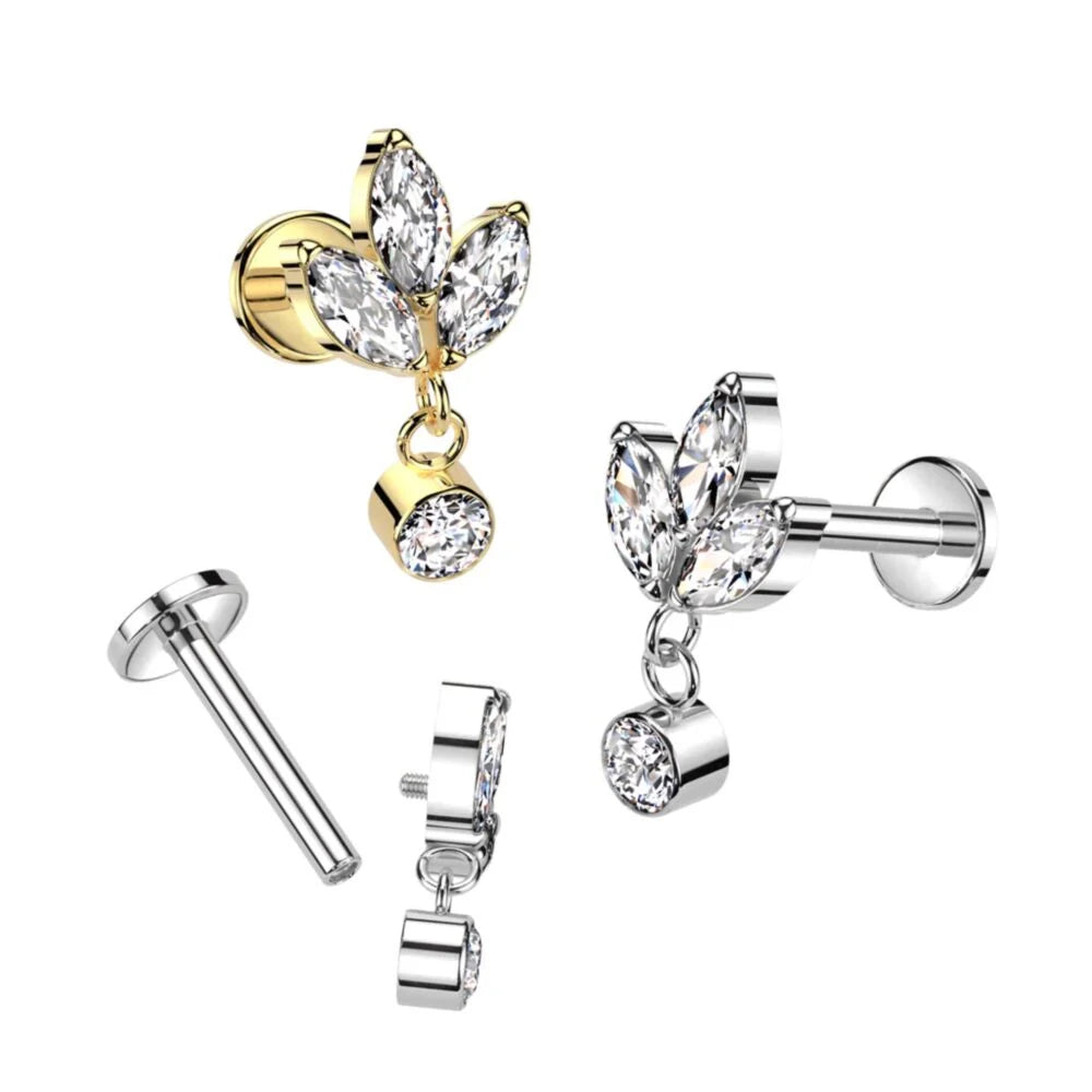 Implant Grade Titanium Internally Threaded Labret With 3 Marquise CZ...