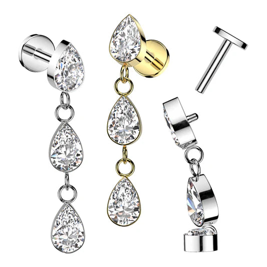 Implant Grade Titanium Internally Threaded Labret With 3 Teardrop CZ Bezel Set Dangle Top