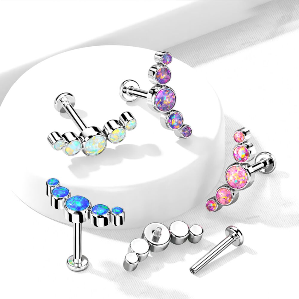 Implant Grade Titanium Internally Threaded Labret With 5 Curved Bezel Set Opal Top