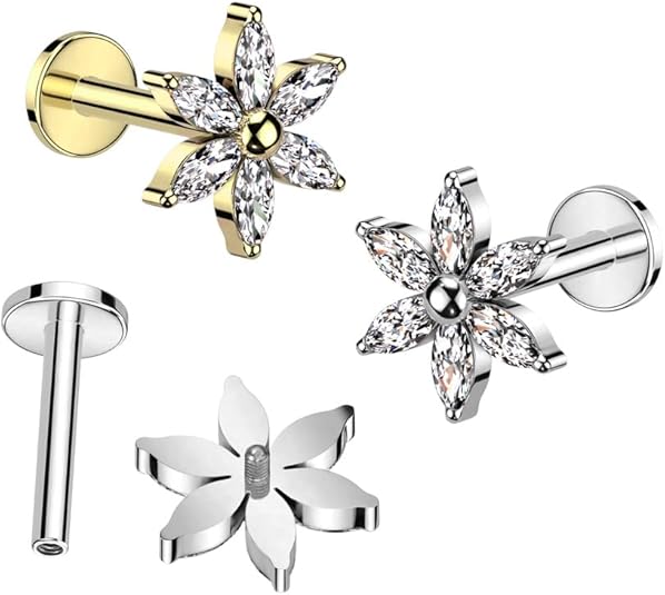 Implant Grade Titanium Internally Threaded Labret With 6 Marquise CZ Petals Flower