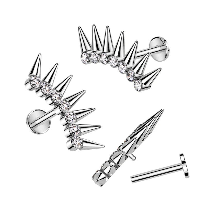Implant Grade Titanium Internally Threaded Labret With 7 Spikes CZ Fan Top