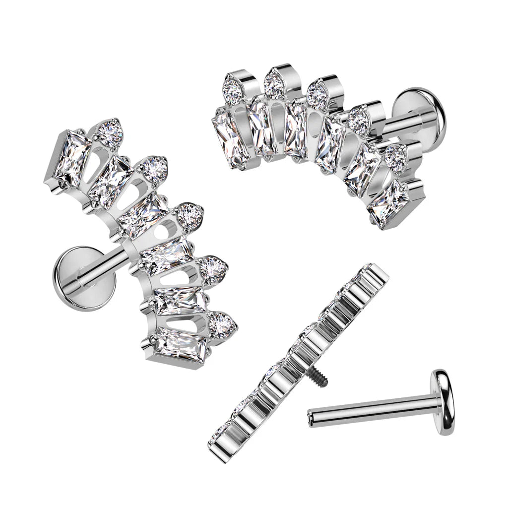 Implant Grade Titanium Internally Threaded Labret With Baguette and Round CZ Fan Top
