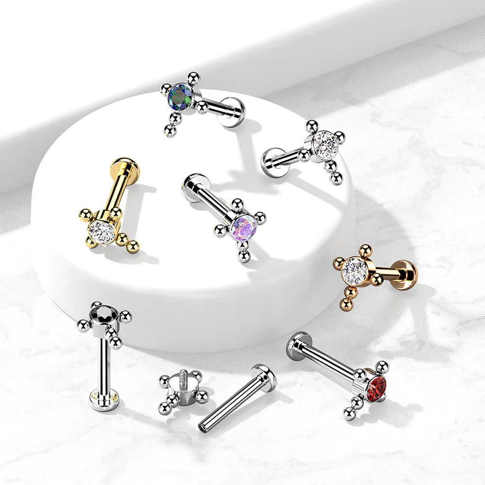 Implant Grade Titanium Internally Threaded Labret With Bezel Set CZ Center Beaded Ball Cross Top