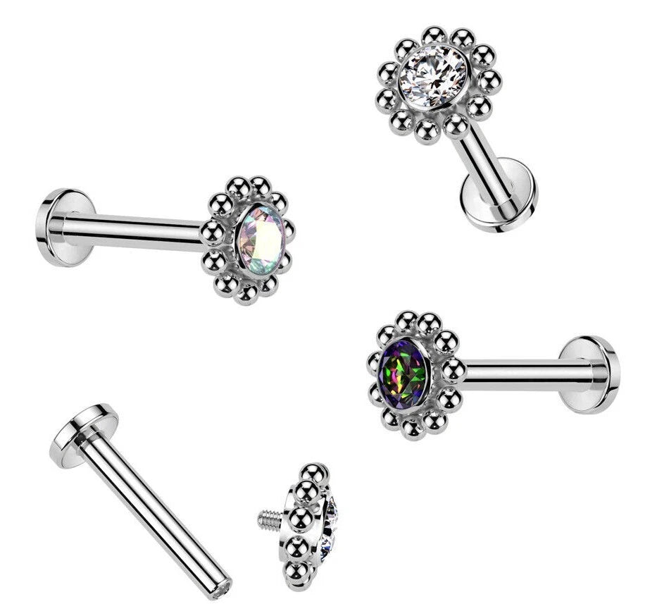 Implant Grade Titanium Internally Threaded Labret With Bezel Set CZ Center and Beaded Ball Edge Top