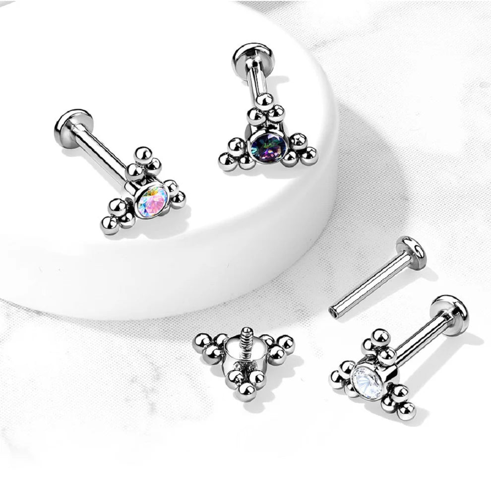 Implant Grade Titanium Internally Threaded Labret With Bezel Set CZ Center and Trinity Ball Clusters Top