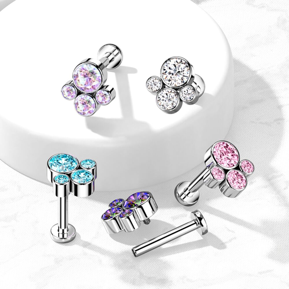 Implant Grade Titanium Internally Threaded Labret With Bezel Set CZ Cluster Top