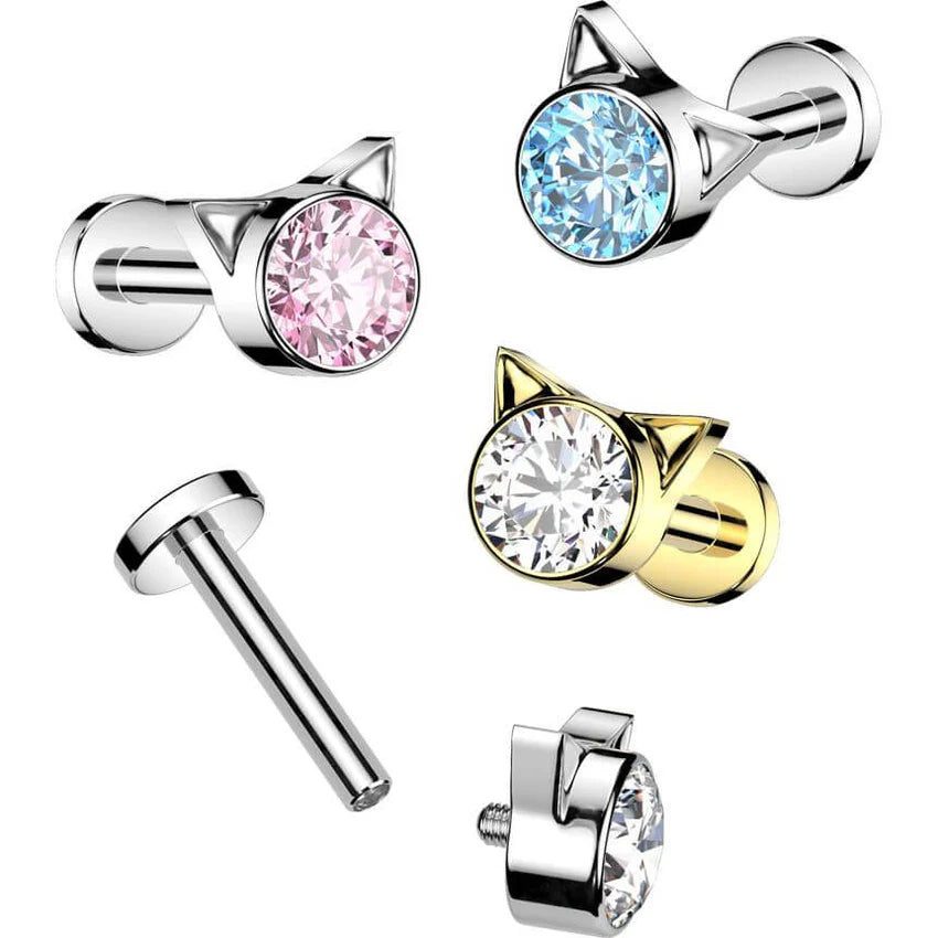 Implant Grade Titanium Internally Threaded Labret With Bezel Set CZ Kitty Top