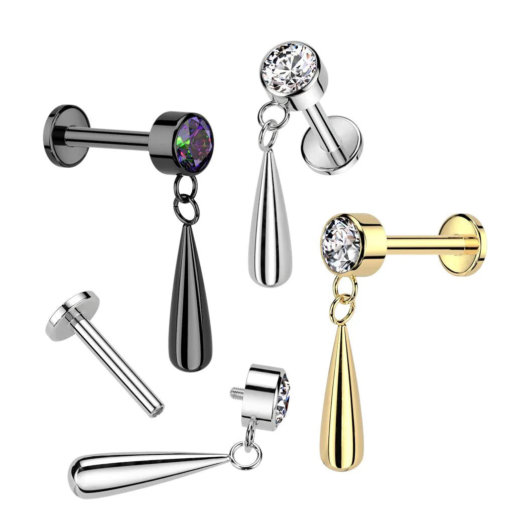 Implant Grade Titanium Internally Threaded Labret With Bezel Set CZ Top and Teardrop Dangle