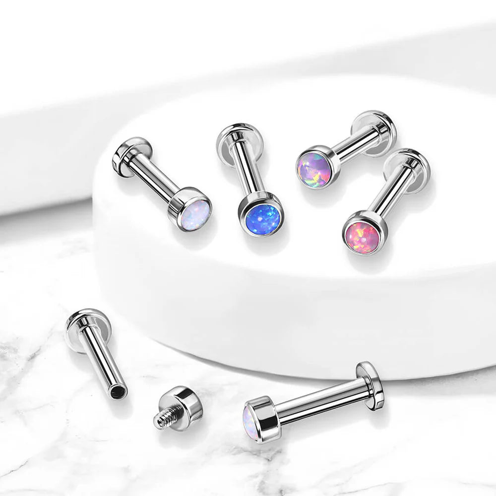 Implant Grade Titanium Internally Threaded Labret With Bezel Set Round Opal Top