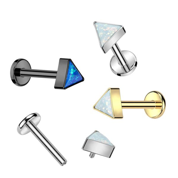 Implant Grade Titanium Internally Threaded Labret With Bezel Set Triangle Opal Top