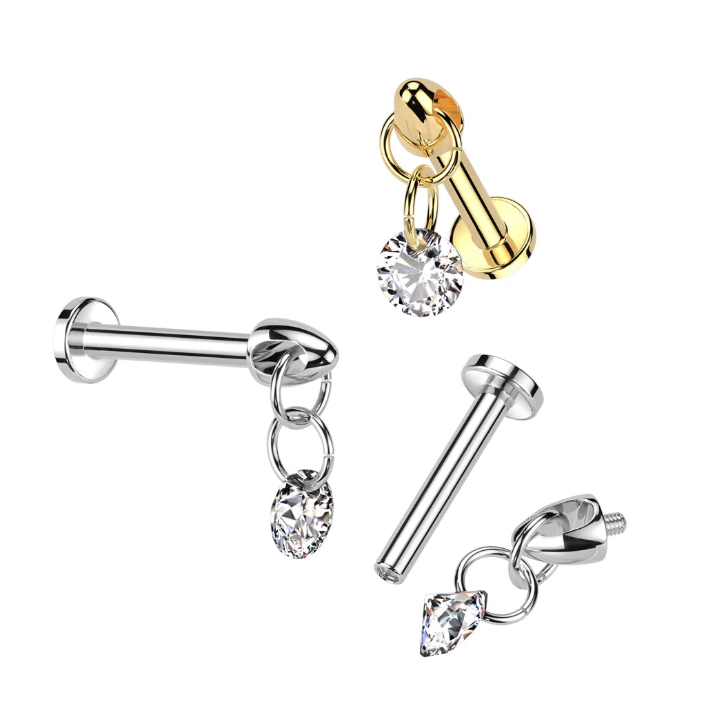 Implant Grade Titanium Internally Threaded Labret With CZ Dangle Top