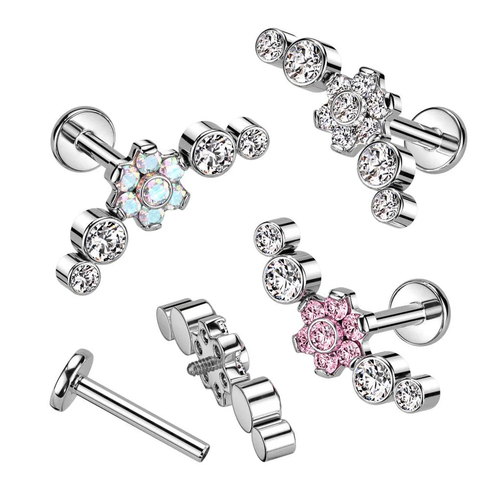 Implant Grade Titanium Internally Threaded Labret With CZ Flower Center...