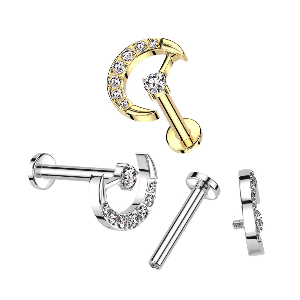 Implant Grade Titanium Internally Threaded Labret With CZ Pave Crescent Moon and CZ Center Top