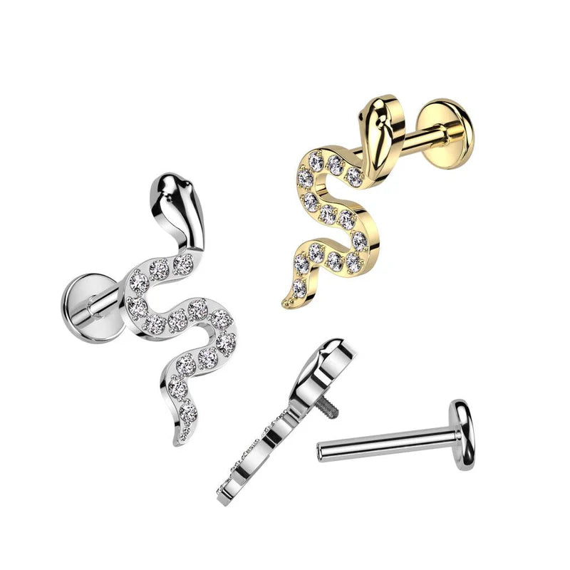 Implant Grade Titanium Internally Threaded Labret With CZ Pave Snake Top
