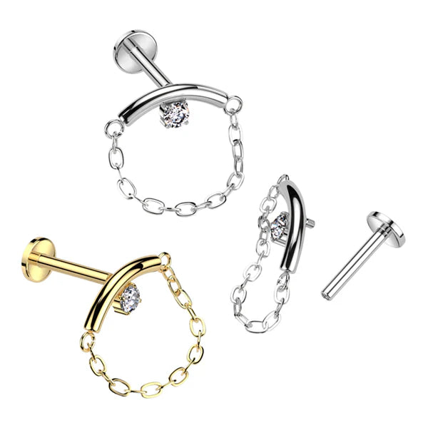 Implant Grade Titanium Internally Threaded Labret With Chain Linked Curved Bar With Prong Set CZ