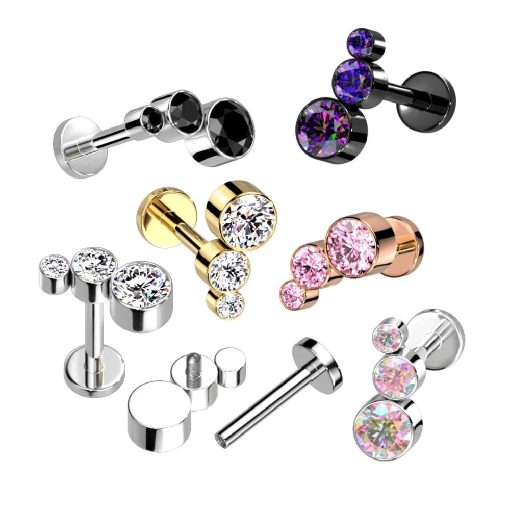 Implant Grade Titanium Internally Threaded Labret With Descending Bezel Set 3 CZ Curved Top