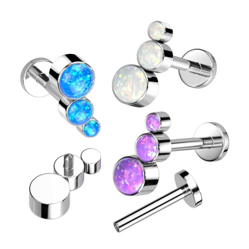 Implant Grade Titanium Internally Threaded Labret With Descending Bezel Set 3 Opal Curved Top