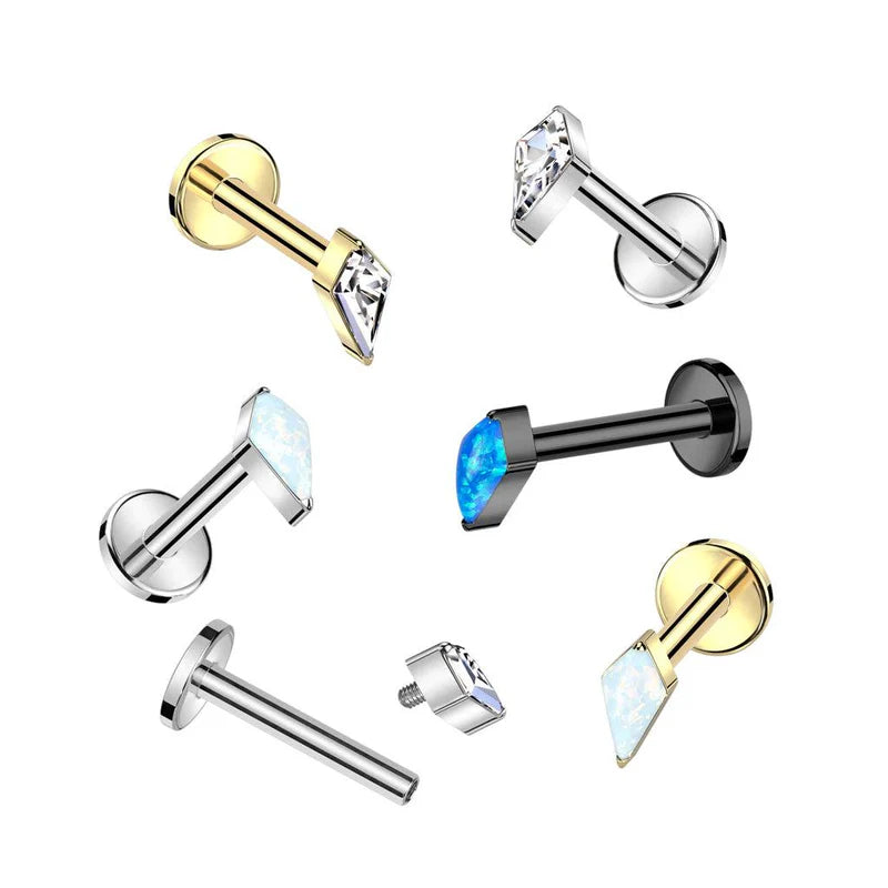 Implant Grade Titanium Internally Threaded Labret With Diamond Shaped CZ or Opal Spear Top