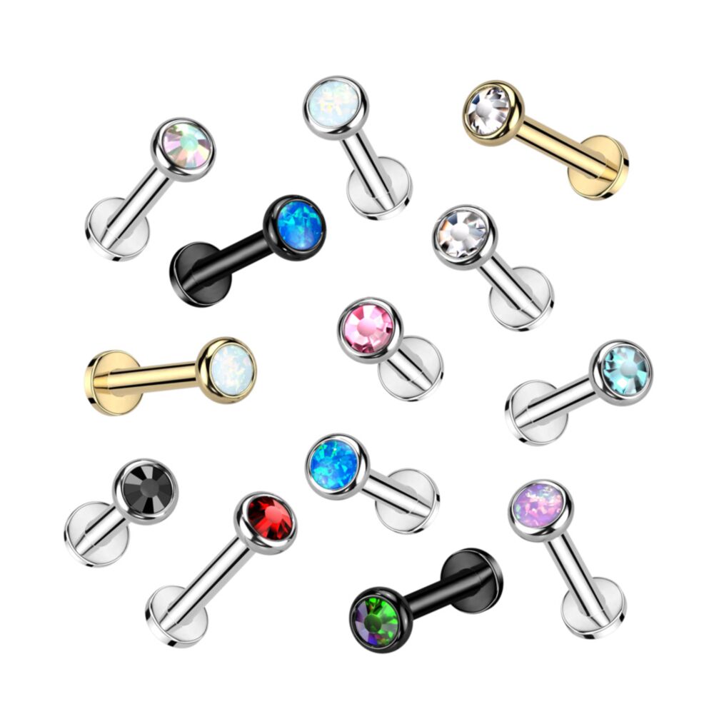 Implant Grade Titanium Internally Threaded Labret With Flat Bezel Set Crystal or Opal Top