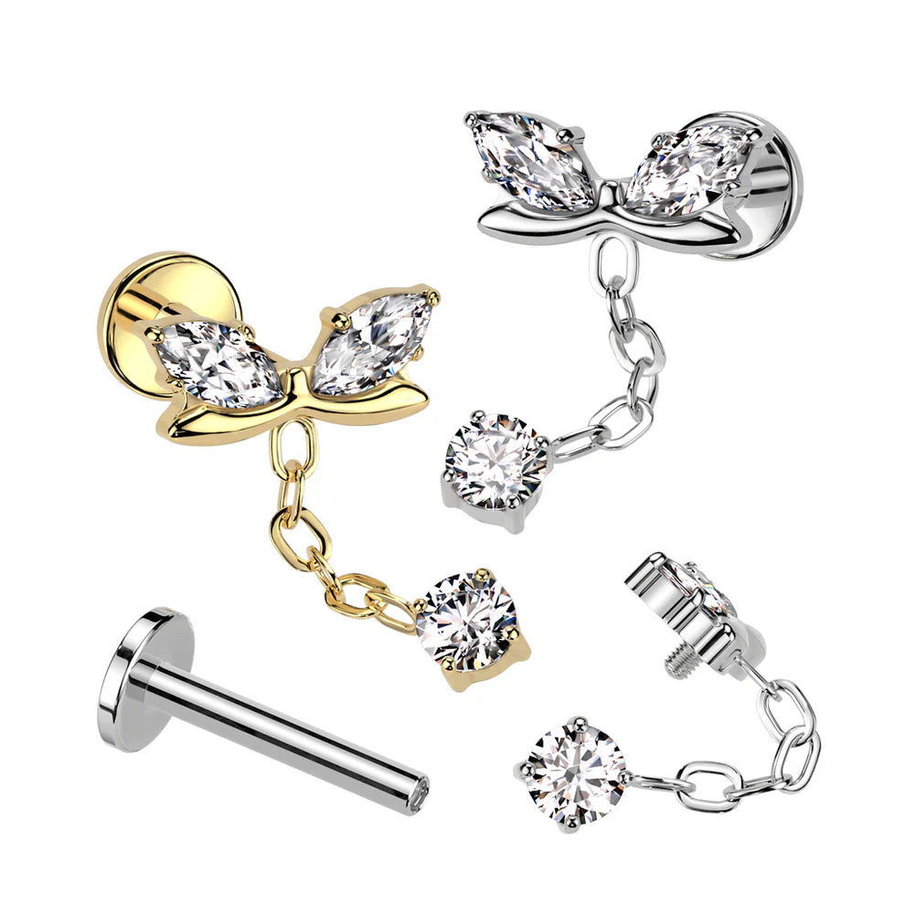 Implant Grade Titanium Internally Threaded Labret With Marquise CZ Bow and CZ Dangle