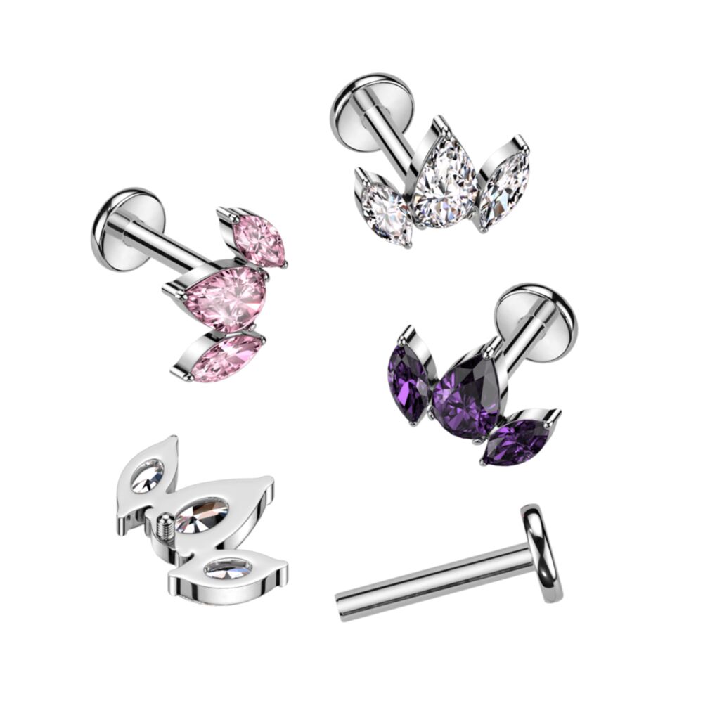 Implant Grade Titanium Internally Threaded Labret With Pear CZ Between 2 Marquise CZ Top
