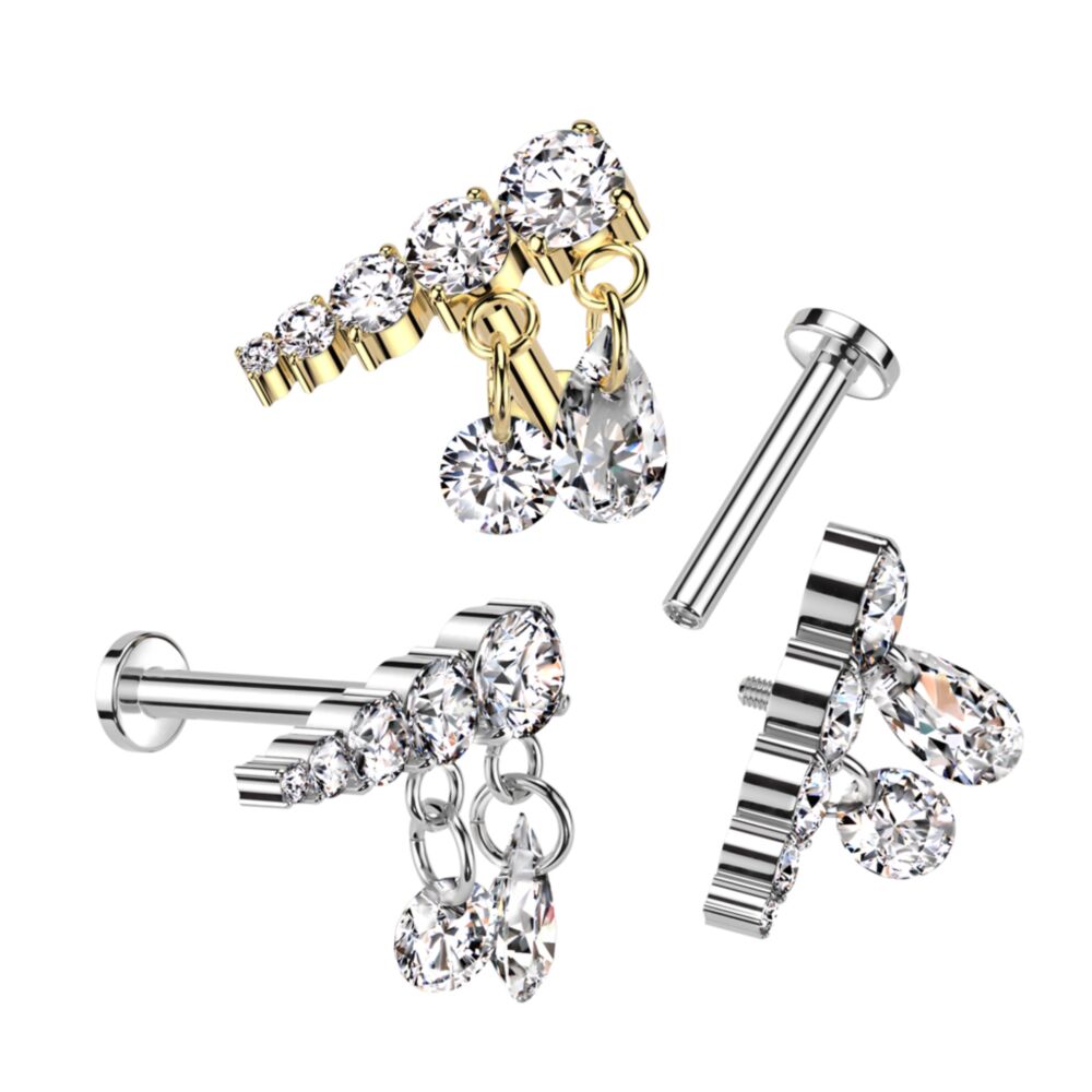 Implant Grade Titanium Internally Threaded Labret With Prong Set Descending 5 CZ Line and 2 Dangling CZ Top