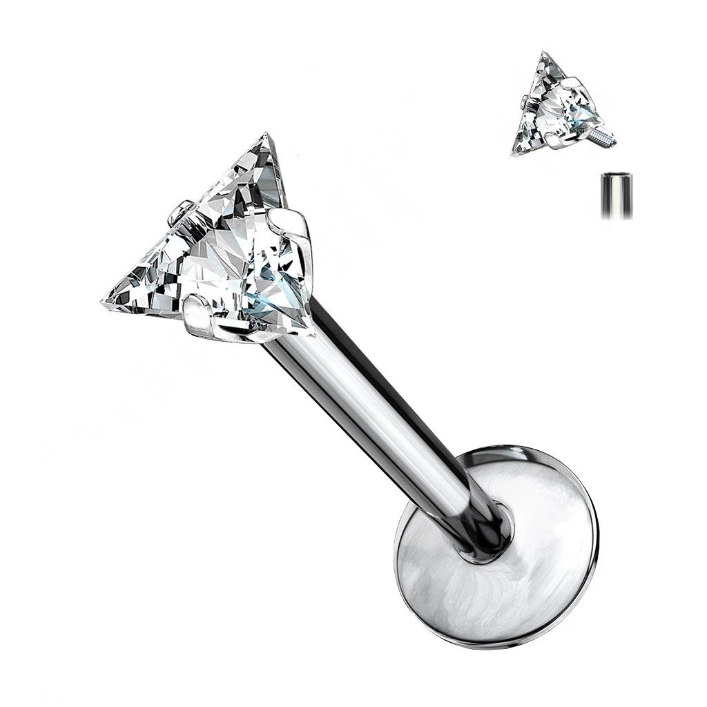 Implant Grade Titanium Internally Threaded Labret With Triangle Prong Set CZ Top