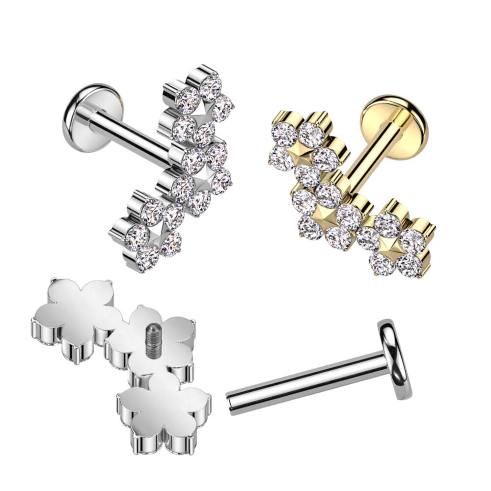 Implant Grade Titanium Internally Threaded Labret With Triple CZ Flower Top