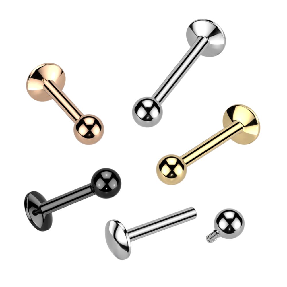 Implant Grade Titanium Internally Threaded Labret, 4mm Convex Base With Ball Top