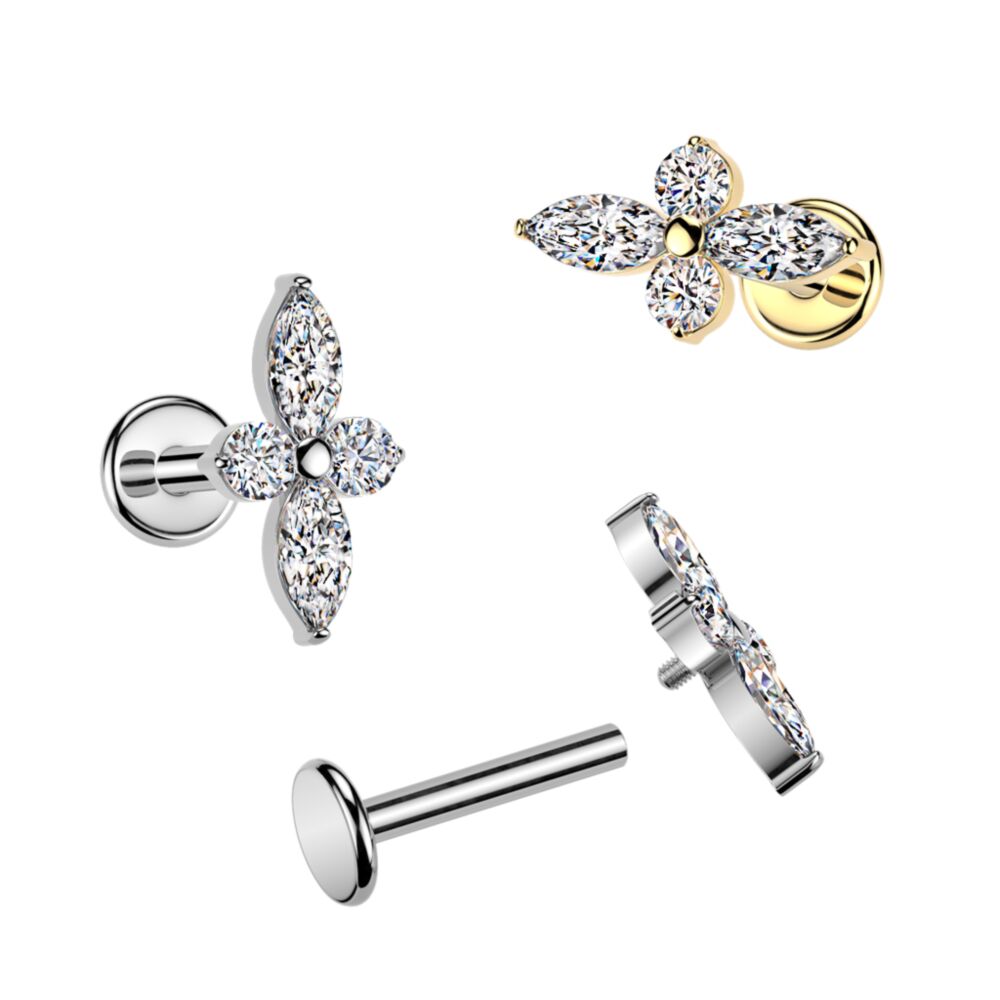 Implant Grade Titanium Internally Threaded Labret, 4mm Flat Back Stud With Marquise And Round CZ Cross Top