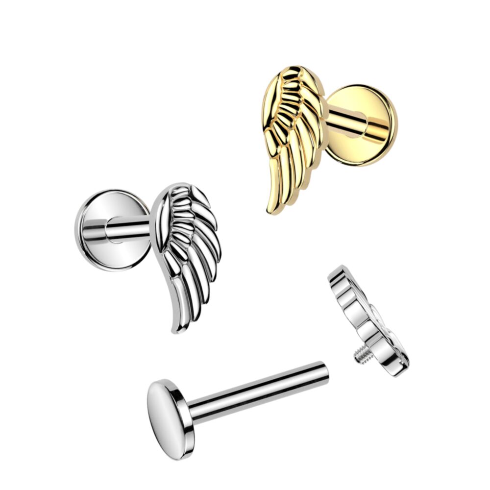 Implant Grade Titanium Internally Threaded Labret, Flat Back Stud With Angel Wing Top