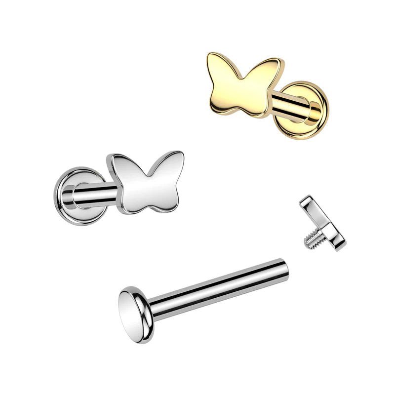 Implant Grade Titanium Internally Threaded Labret, Flat Back Stud With Butterfly Top