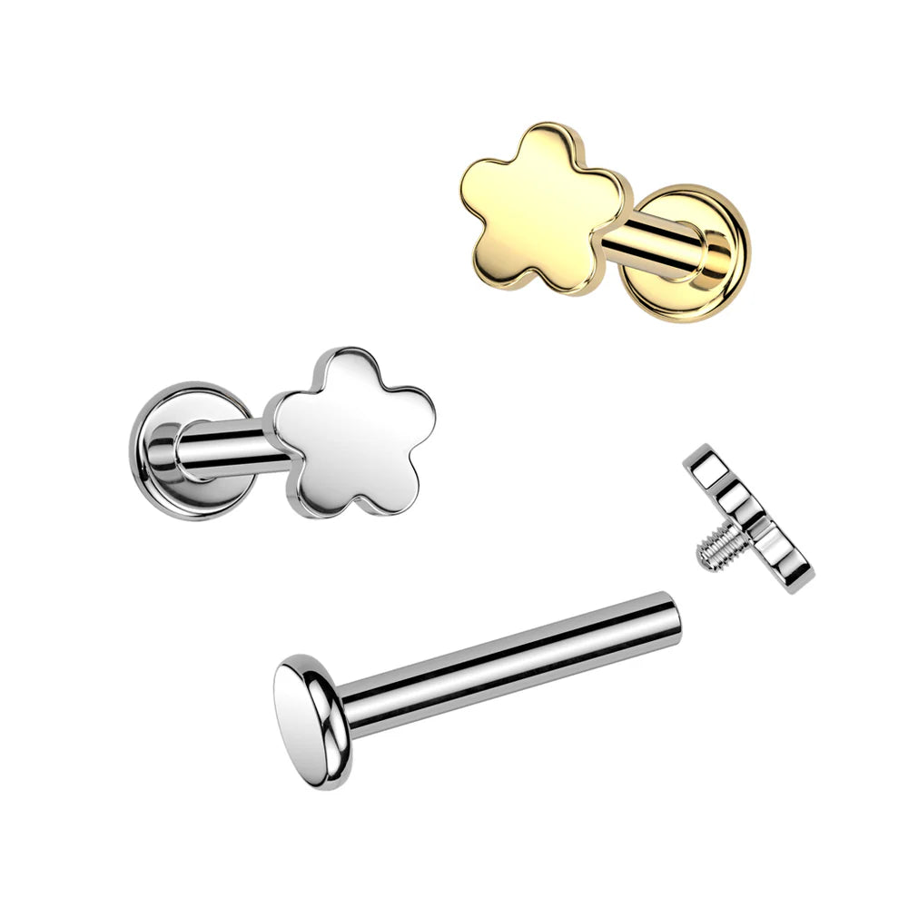 Implant Grade Titanium Internally Threaded Labret, Flat Back Stud With Flower Top