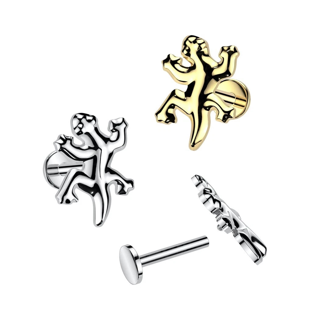 Implant Grade Titanium Internally Threaded Labret, Flat Back Stud With Gecko Top