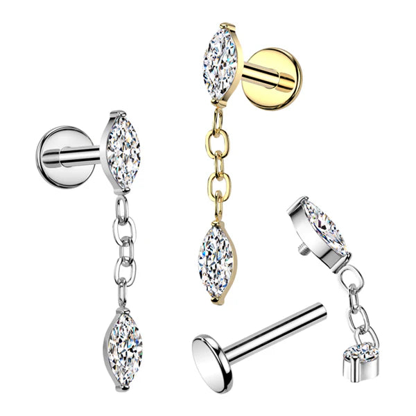 Implant Grade Titanium Internally Threaded Marquise CZ Labret, Flat Back Stud With Marquise CZ Dangle