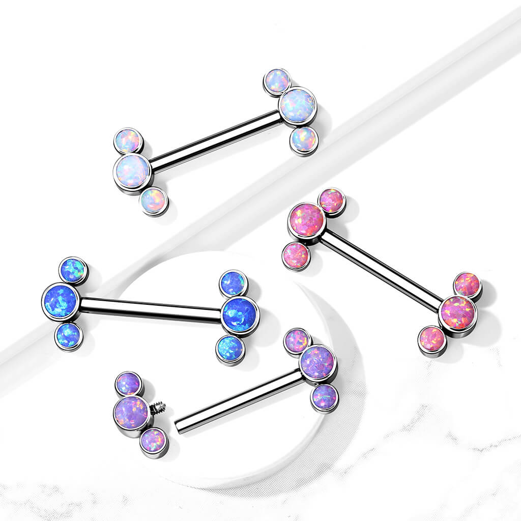 Implant Grade Titanium Internally Threaded Nipple Barbell 3 Round Opal Bezel Set Ends