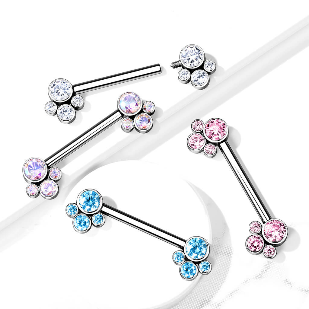 Implant Grade Titanium Internally Threaded Nipple Barbell With 4 Bezel Set Cluster CZ Ends