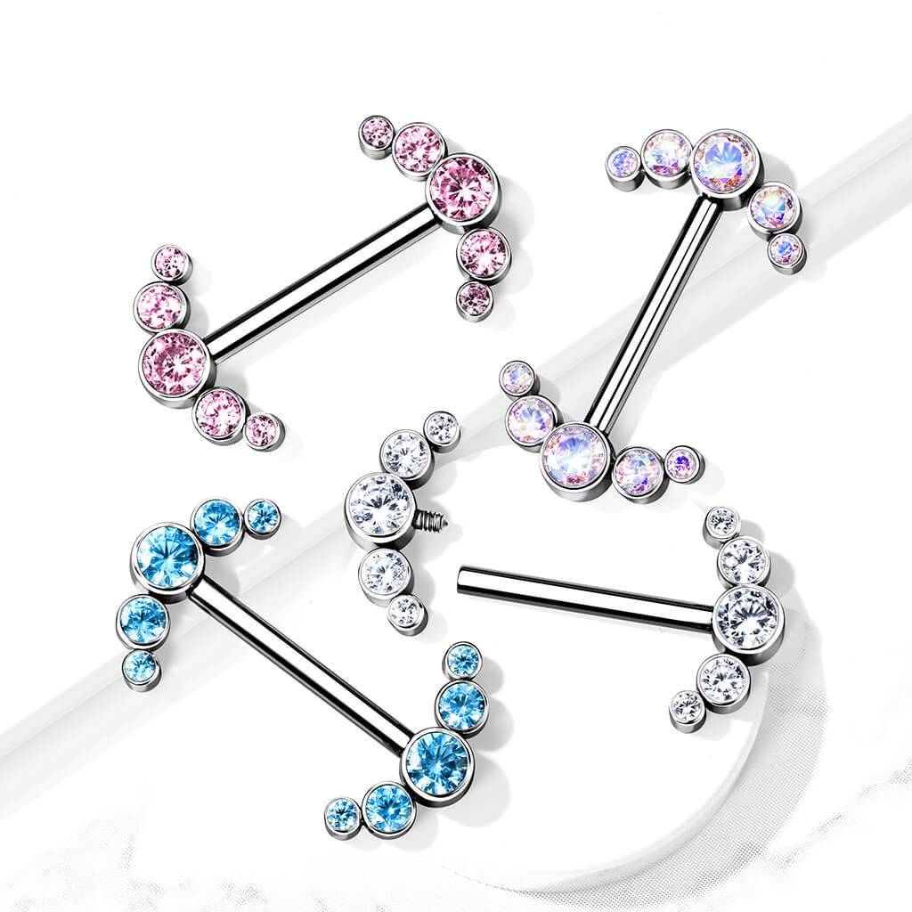Implant Grade Titanium Internally Threaded Nipple Barbell With 5 Bezel Set CZ Curved Line Ends