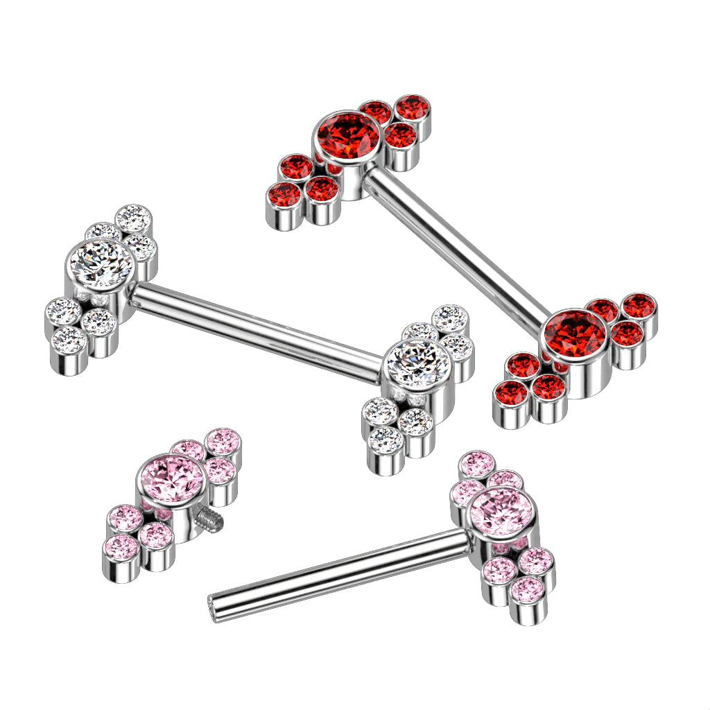 Implant Grade Titanium Internally Threaded Nipple Barbell With Bezel Set CZ Center and Trinity CZ Clusters