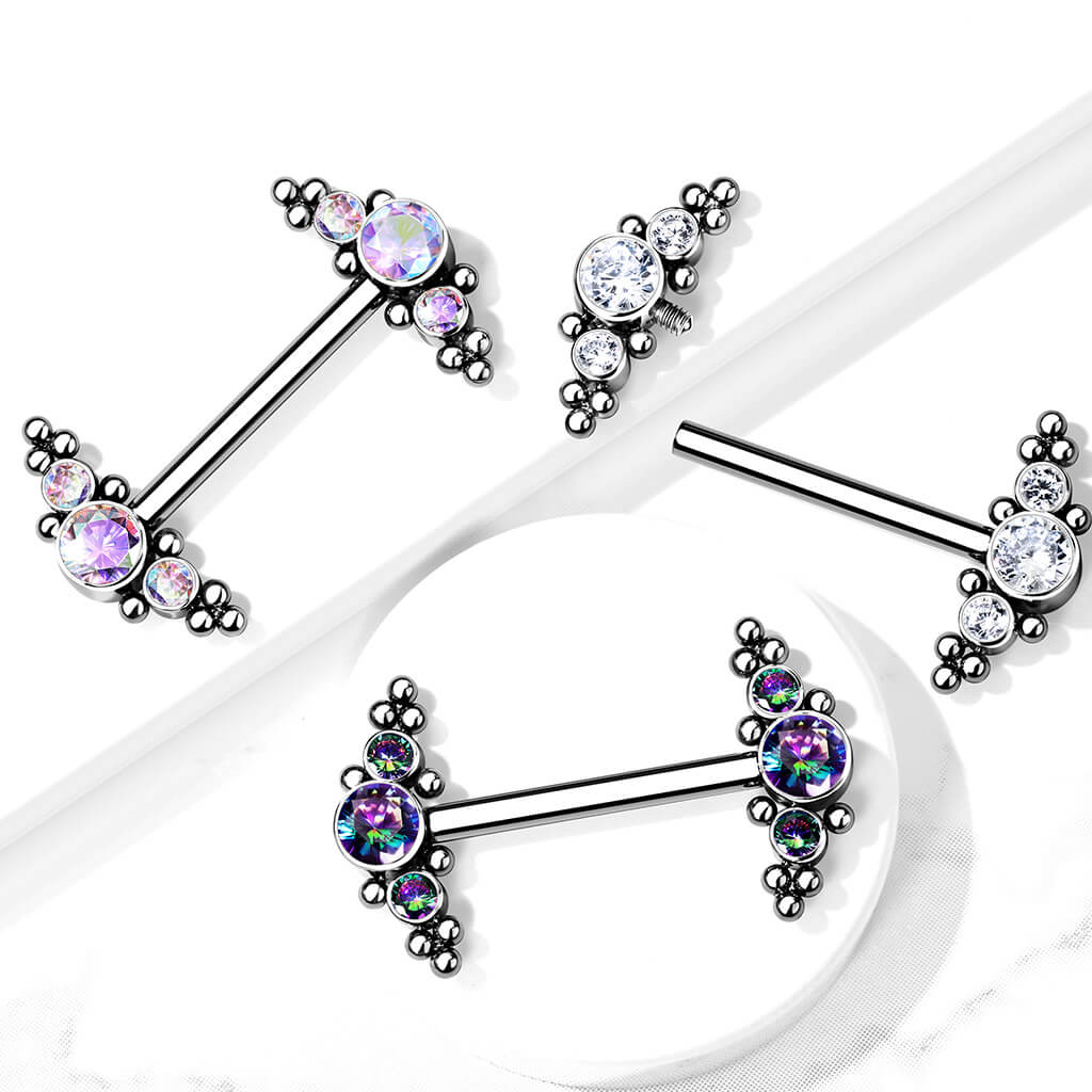 Implant Grade Titanium Internally Threaded Nipple Barbell With Bezel Set CZ and Micro Ball Clusters