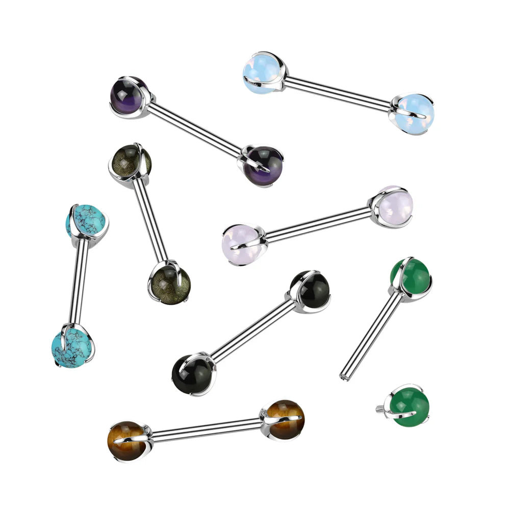 Implant Grade Titanium Internally Threaded Nipple Barbell With Claw Set Natural Stone Ends