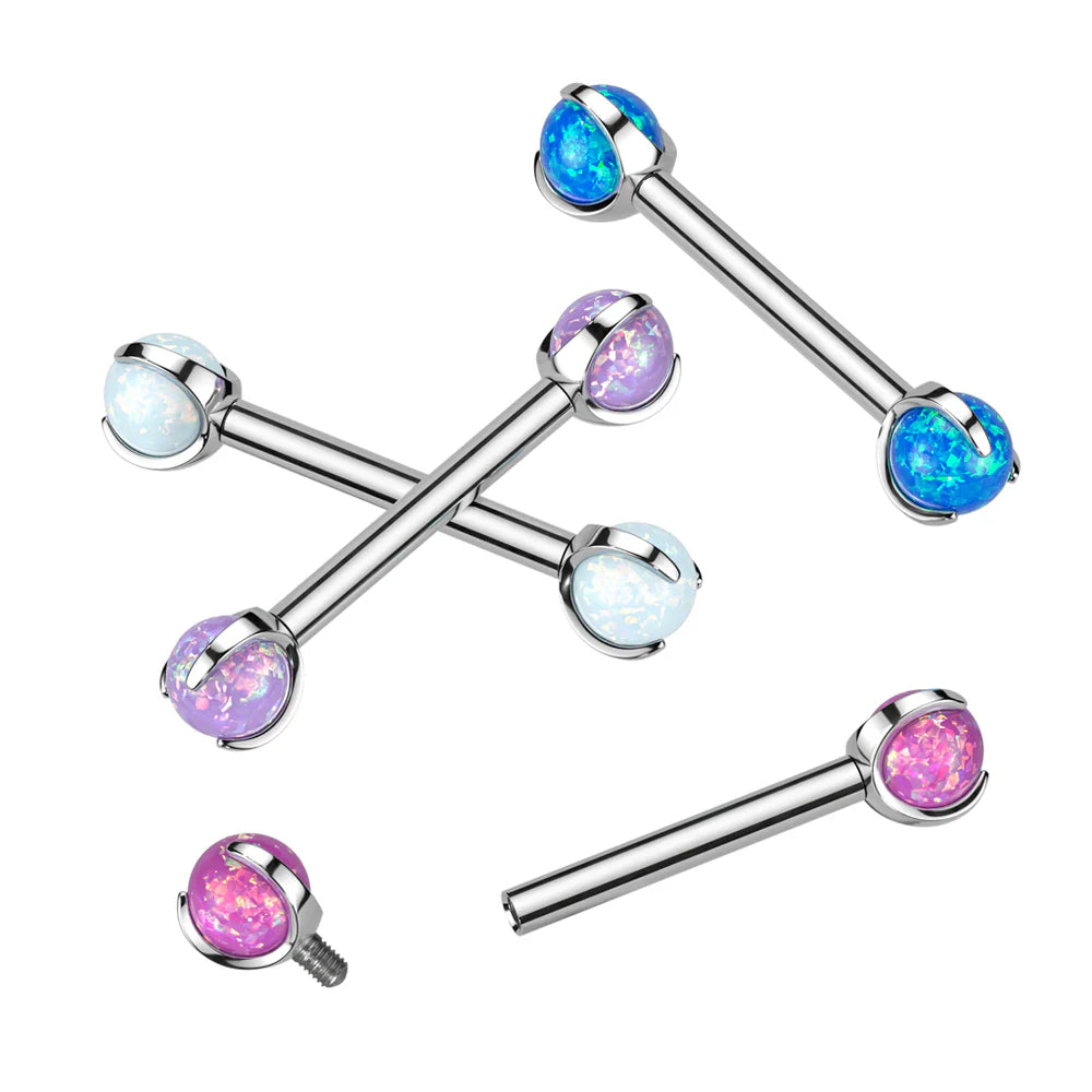 Implant Grade Titanium Internally Threaded Nipple Barbell With Claw Set Opal Ball Ends