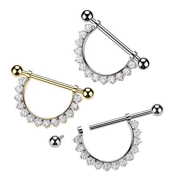 Implant Grade Titanium Internally Threaded Nipple Barbell With Pave CZ Dangle