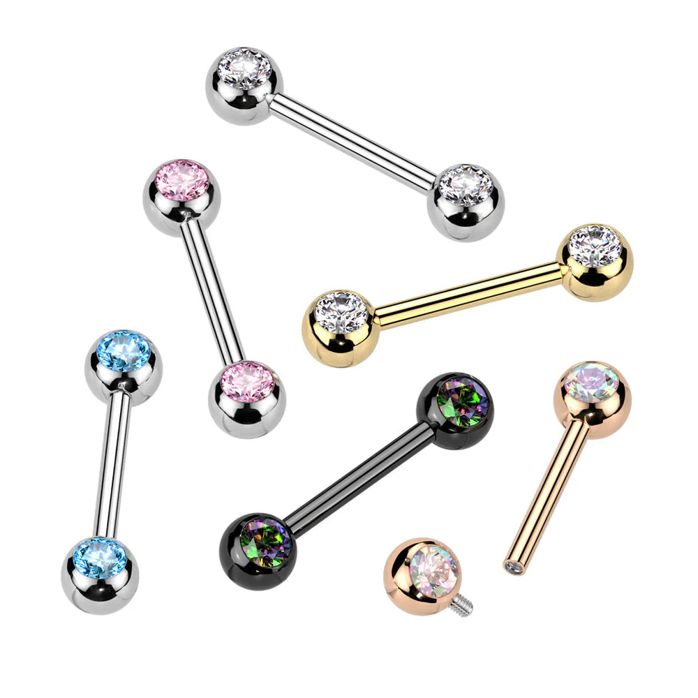 Implant Grade Titanium Internally Threaded Nipple Barbell With Pressed Fit CZ Set Ball Ends